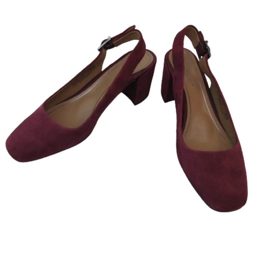 Vionic Womens Size 7.5 Heels Slingback Pumps Nareen Wine Suede Block Heel